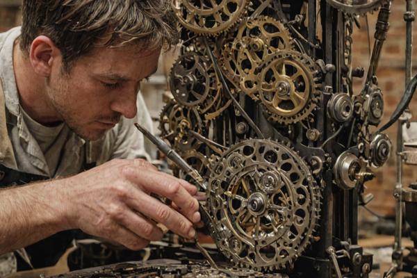 Clock repair specialist working on antique mechanism