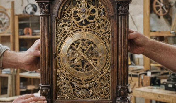 Antique grandfather clock being restored in workshop